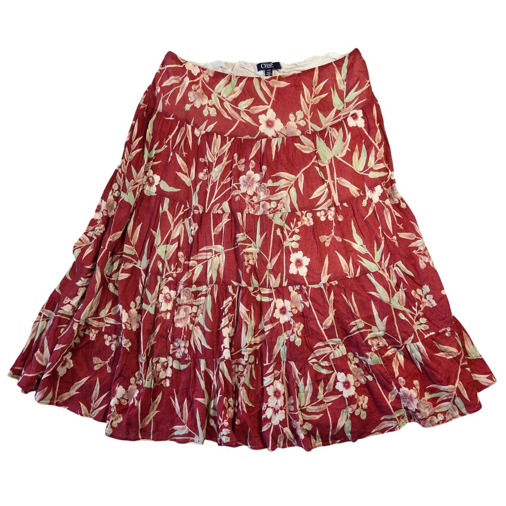 Chaps Denim Red Floral Tiered Midi Skirt Cotton Boho Cottagecore Large Summer